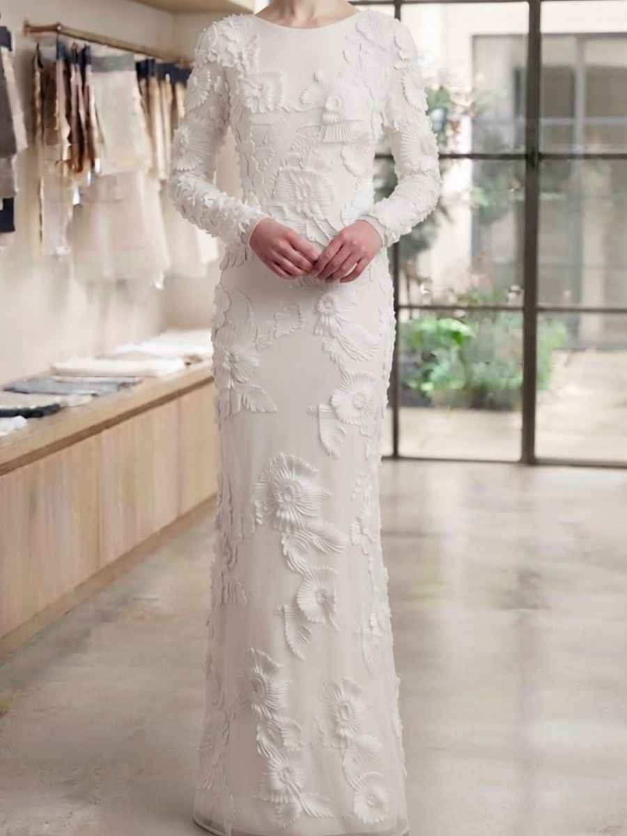 White 3D Floral Embroidered Full Sleeve Bridal Gown